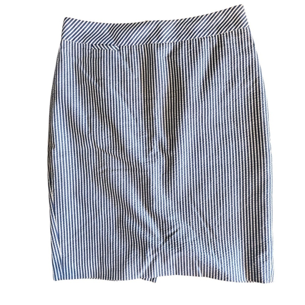 J.Crew Black Label The Pencil Skirt Sz 2 Seersucker Blue White Cotton Knee